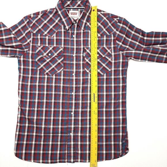 Levis Pearl Snap Western Plaid Button Shirt Mens Small Red Blue USA Rodeo - Picture 6 of 7